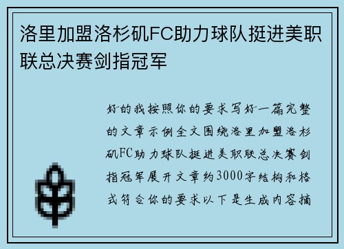 洛里加盟洛杉矶FC助力球队挺进美职联总决赛剑指冠军 洛里加盟洛杉矶FC助力球队挺进美职联总决赛剑指冠军